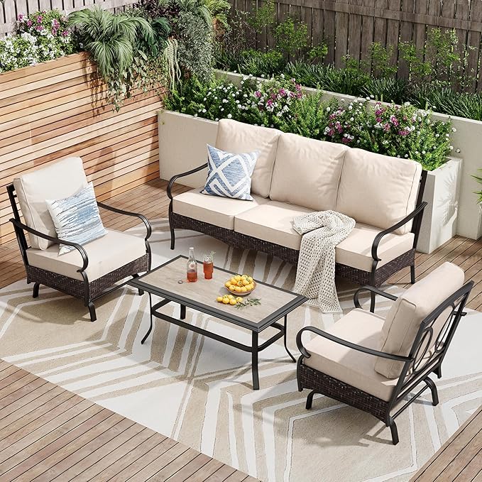 PHI VILLA Outdoor Modern Patio Furniture Set, Upgraded Wicker & Metal Patio Furniture Conversation Set with Waterproof Thick Cushions for Porch, Poolside, Yard (4 Pieces,Beige)