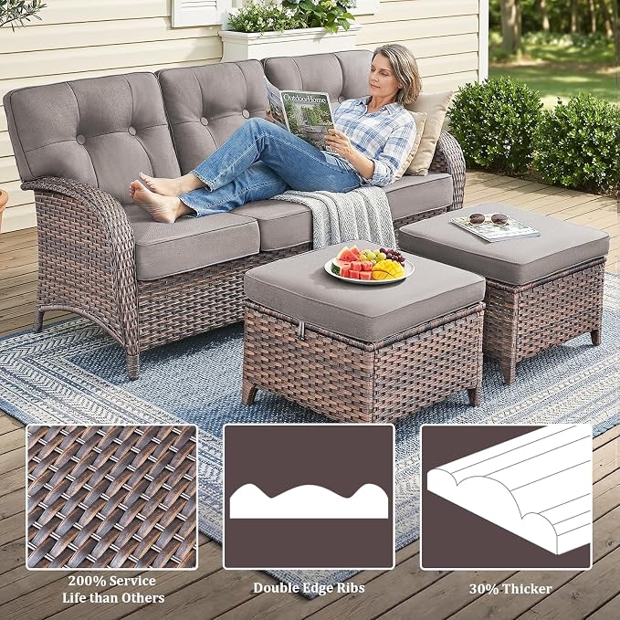 7-Piece Wicker Patio Furniture Set with 5-Inch Thick Cushions Weather Resistant Rattan High Back Swivel Rocker Chairs Senior Friendly Conversation Set for Small Porch Deck Sunroom Brown/Grey