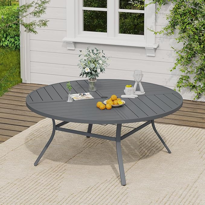 VICLLAX Outdoor Table and Chairs Set for 8, Patio Dining Set of 60 Metal Round Patio Table with Umbrella Hole & 9 Swivel Outdoor Dining Chairs for Backyard Lawn, Grey & Dark Grey