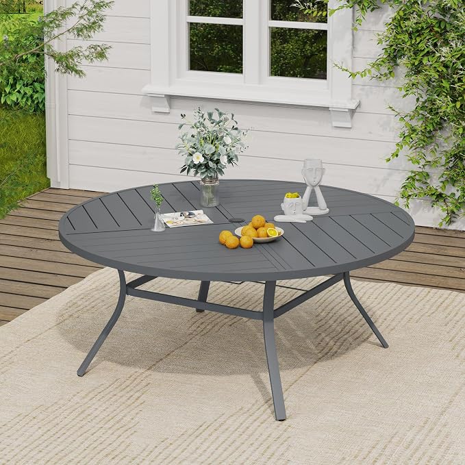 VICLLAX Outdoor Table and Chairs Set for 8, Patio Dining Set of 60 Metal Round Patio Table with Umbrella Hole & 9 Swivel Outdoor Dining Chairs for Backyard Lawn, Grey & Dark Grey