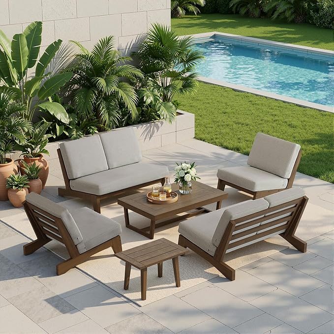 UIXE 6 Pieces All Weather Wood Patio Furniture Sets, 2 Patio Loveseat, 2 Patio Bistro Chair, Outdoor Sectional Sofa Furniture Backyard Conversation Set with Coffee Table - Light Camel