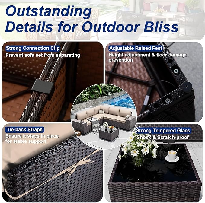 Outdoor Patio Furniture Set, 6 Pieces Outdoor Sectional Furniture High Backrest Patio Sofa, All-Weather PE Rattan Patio Conversation Set with Coffee Table & Cushions-Sand.