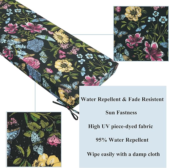 FUNHOME Outdoor Cushion Covers,42" x 18" x 3", No Insert! Patio Cushion Covers Replacement,Water Resistant Patio Bench Loveseat Cushion Covers 1 Pack, Black Flower Butterfly(Covers ONLY)