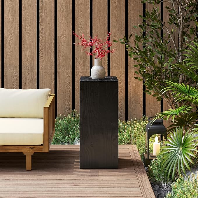 Merax 33.75" Tall Square Column MGO End Table, Indoor/Outdoor All-Weather Side Table, Wood Look Distressed Finish, Fiberglass Reinforced, Black