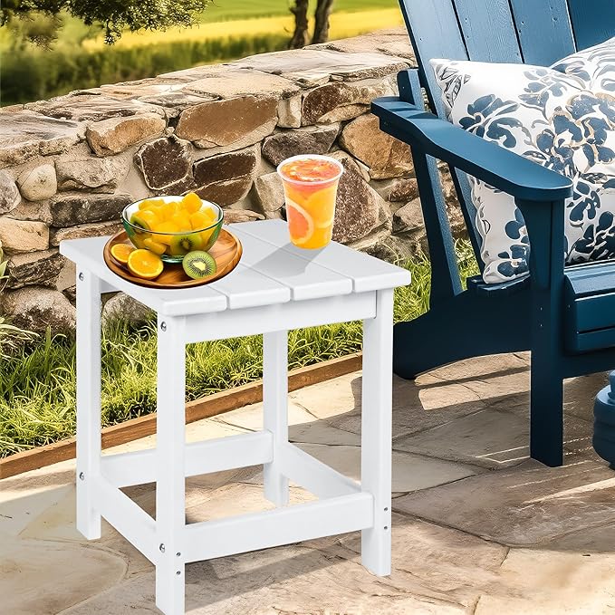 LZRS Patio End Table, Heavy Duty HDPE Outdoor Coffee Table with Wood Texture, Weatherproof Composite Table for Adirondack Chairs, Deck, Pool, Indoor/Outdoor, No Peeling or Cracking(White)