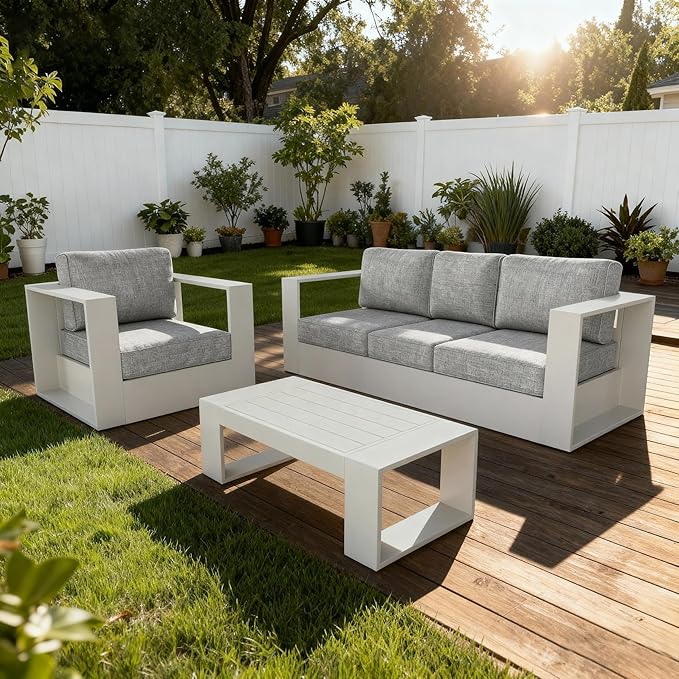 3 Pieces Patio Furniture Set with Coffee Table, Metal Modern Conversation Set with Deep Seating and Widened Aluminum Frame for Deck, Porch, Garden
