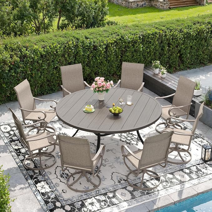 DIFY 9 Pieces Outdoor Dining Set for 8, Outdoor Furniture Set of 8 Sandshell Textilene Swivel Patio Chairs, 60" Grey Wood-Like Round Metal Dining Table Set with Umbrella Hole, for Garden Deck Backyard