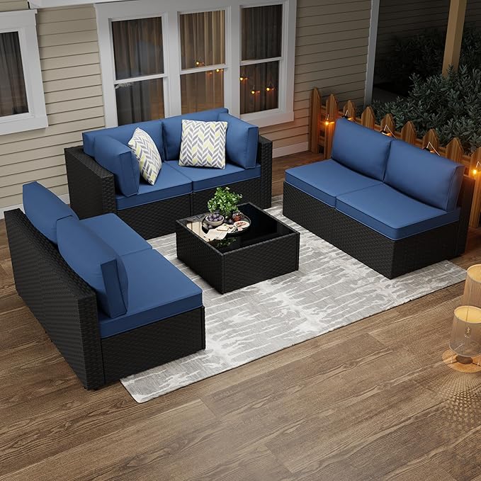 7-Piece Outdoor Patio Furniture Set, Modular PE Rattan Sectional Sofa with Thick Cushions & Glass Coffee Table, Weather-Resistant Wicker Conversation Set for Poolside, Balcony, Garden, Aegean Blue