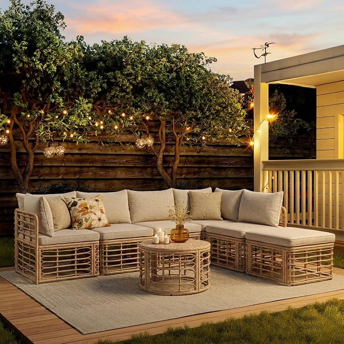 JIVOIT 7 Pieces Outdoor Patio Furniture Set, All-Weather Rattan Sectional Sofa Set with Thick Cushions and Pillows, Round Coffee Table, Freely Combined Conversation Sets for Garden, Backyard