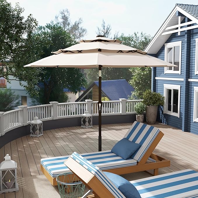 10FT Patio Umbrella 3 Tiers Outdoor Market Umbrella w/Push Button Tilt, Crank, UV and Waterproof Table Umbrella for Garden, Pool, Backyard, Deck, Lawn, Beige
