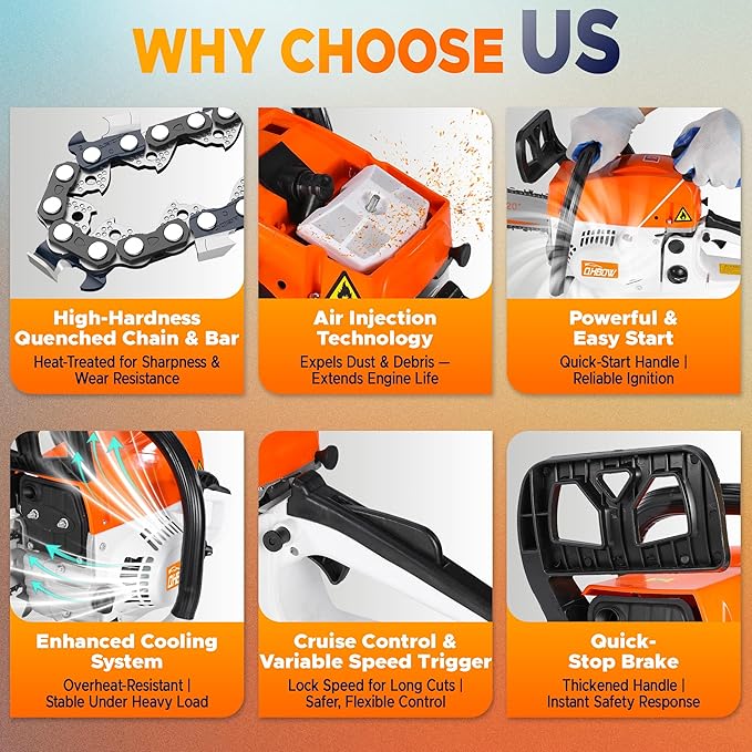 58 cc 2-Cycle Gas Chain Saw, 20 in & 18 in Gas Powered Chainsaw, Handheld Powerful Gasoline Chain Saw, Quick-Start System, Professional & DIY for Cutting Wood Tree Trimming