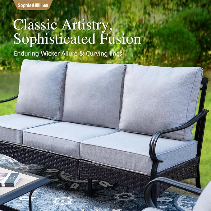 Sophia & William Patio Furniture Set with Fire Pit Table, 4PCS Metal Outdoor Conversation Set with Fire Pit Table, 2 Swivel Chairs,1 Loveseat,3-Seater Couch for Outdoor Seating,Backyard,Porch(Grey)