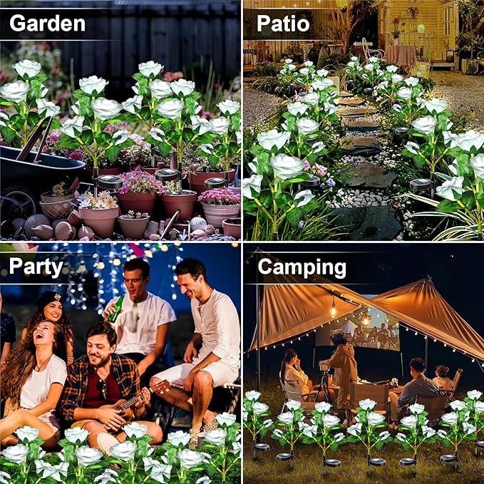 Anordsem Solar Garden Lights Outdoor: 10 Artificial Fabric White Roses Flowers 2 Pack- LED Flower Decorations for Cemetery Grave Pathway Yard- Birthday Gifts for Women, Wife and Mother