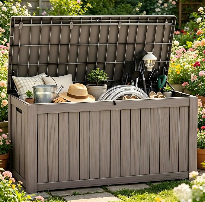 270 Gallon Extra Large Deck Box Outdoor, Resin Storage Box Outdoor Waterproof, Lockable Garden Storage Bench, Holds Patio Furniture, Pool Supplies & Equipment, Hydraulic Rod, UV-Proof, Gray Brown