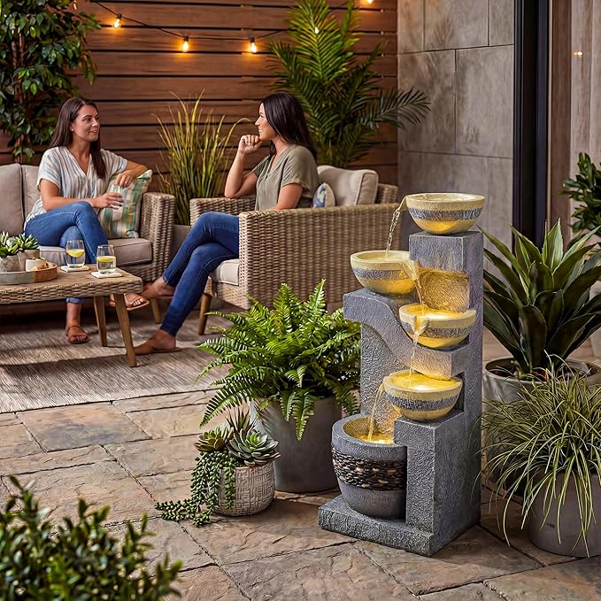31-Inch Outdoor Water Fountain, 5-Tier Cascading Bowls Stacked Stone Design Resin Waterfall Fountain with 3 LED Lights, Home Art Decor for Garden, Patio, Yard, Porch, Deck or Balcony in Gray