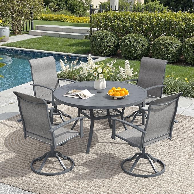 5 Pieces Outdoor Patio Dining Set, 40.6" All Weather Round Metal Table with Umbrella Hole and Storage Shelf, 4 High Back Textilene Swivel Chairs for Garden, Lawn, Grey