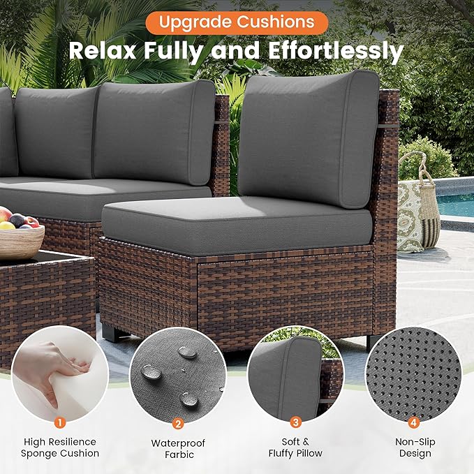 UDPATIO Patio Sectional Sofa with Fire Pit Table, 8 Inch Armrest 7-Piece Wicker Conversation with Waterproof Cover for Backyard Deck, Brown/Dark Grey