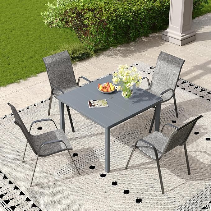5 Pieces Outdoor Dining Set, 40.2" Square Table with Umbrella Hole & Stackable Patio Dining Chairs, Patio Table and Chairs Set for Deck Garden Porch, Grey Chairs & Dark Grey Table