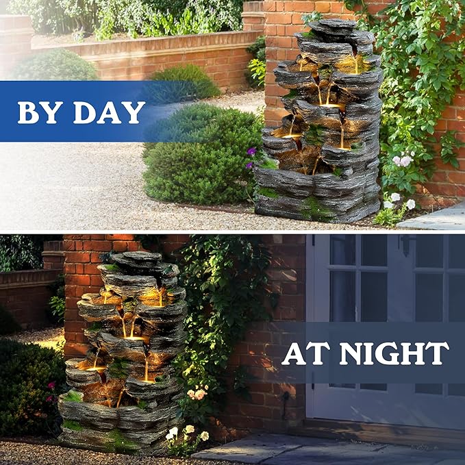 7-Tiers Garden Waterfall Fountain Outdoor - Water Fountains and Waterfalls, Outdoor/Indoor Floor Standing Resin Water Fountain with LED Light for Patio, Garden and Backyard, Deck, Porch, Home