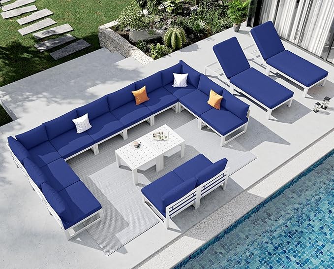 NICESOUL 16 Pcs Extra Large Modern Aluminum Outdoor Sofa with Chaise, 29" Deep Wide Seat, 500 lbs Durable Sectional Set for Heavy People, Water Resistant Patio Furniture Set for Backyard, Navy Blue