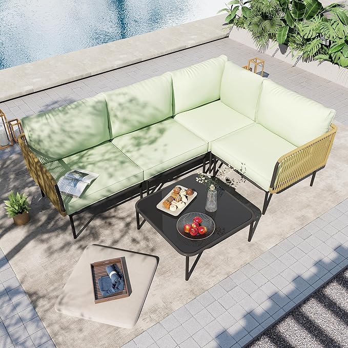 Patio Furniture Set, 5 Piece Outdoor Patio L-Shaped Conversation Set with Cushions and Table, All-Weather Rattan Woven Sectional Sofa for Backyard, Porch, Boho Detachable Lounger (Green)