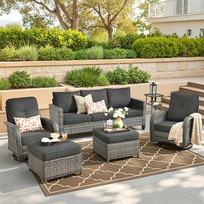 CAODOC 6 Pieces PE Wicker Patio Furniture Set, Outdoor Sectional Sofa with Swivel Chairs, Modern Rattan Conversation Set for Yard, Garden, Lawn, Deck, and Backyard