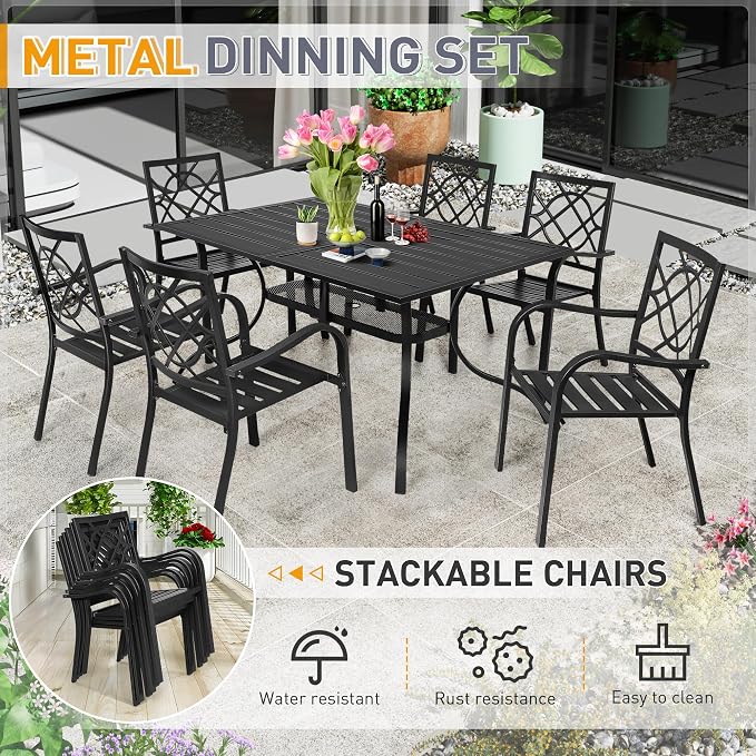 SUNCROWN 8-Piece Outdoor Wrought Iron Chairs and Table Patio Dining Furniture Set - 6 Stackable Metal Chairs, 1 Steel Slat Bistro Table and 1 Sky Blue 9Ft Patio Umbrella for Garden Backyard Deck