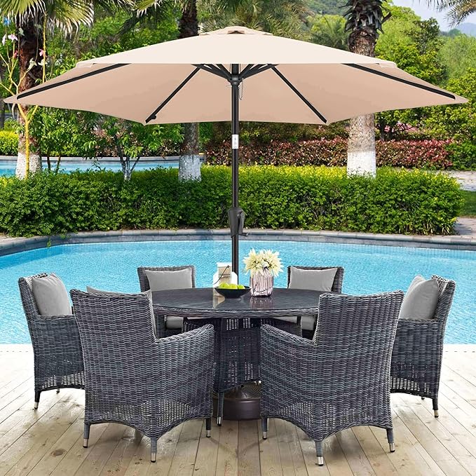 10ft Patio Umbrella Outdoor - Table Umbrella with 6 Sturdy Ribs, Market Umbrella with Push Button Tilt, UV Protection for Pool, Porch, Garden, Deck, Backyard (Beige)