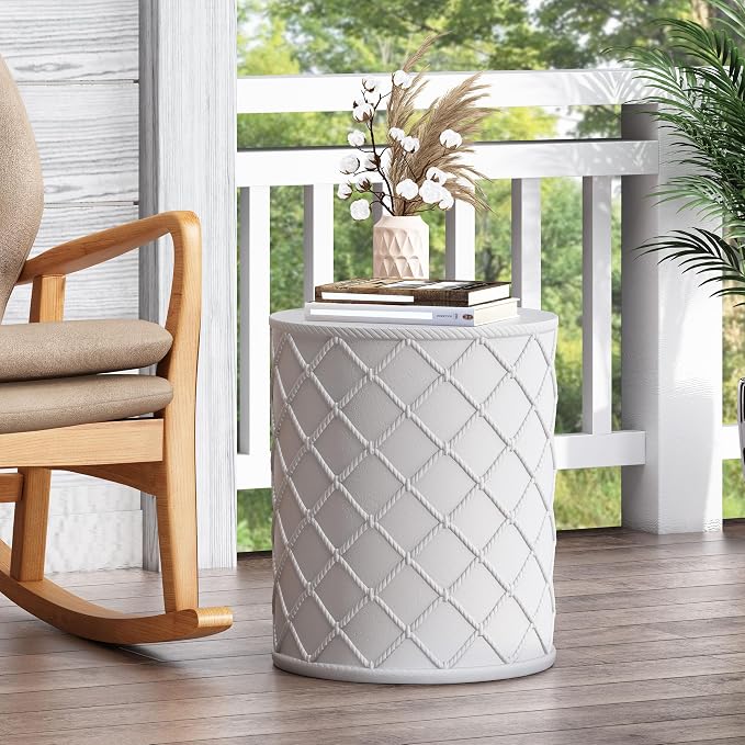 Outdoor Side Table 15.25" Cylindrical Shape Lightweight Concrete-Look Outdoor Indoor Accent Table Decorative Garden Stools, for Patio Porch Living Room, White
