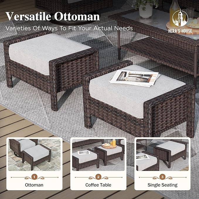 HERA'S HOUSE Patio Furniture Set with High Back Swivel Chair, 6-Piece Outdoor Wicker Sectional Conversation Set with Ottomans, 3-Seat Couch with Rattan Table for Garden Backyard, Gray