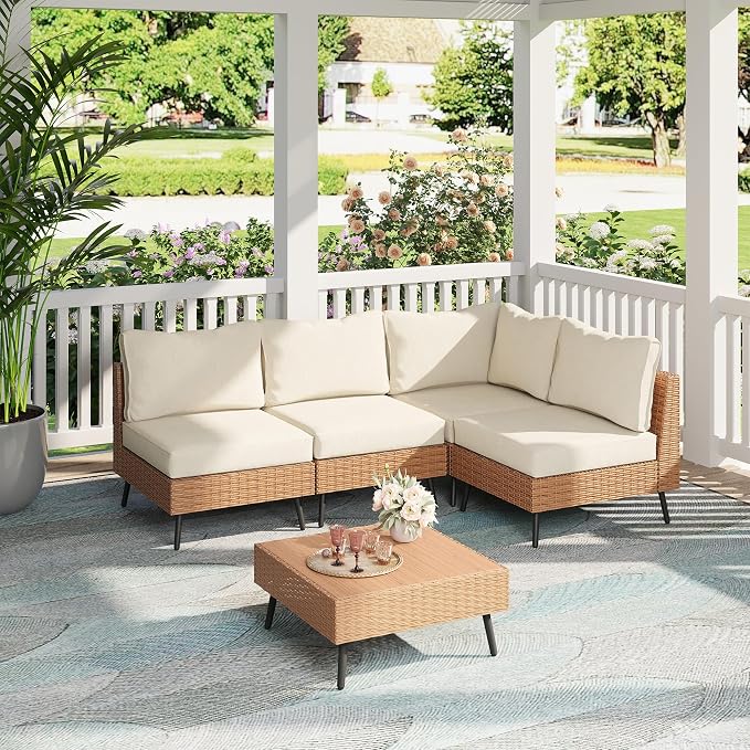LAUSAINT HOME Outdoor Patio Furniture, 5 Piece Outdoor Sectional Sofa PE Rattan Wicker Patio Conversation Sets, All Weather Patio Furniture Set with Thick Cushions for Garden, Backyard(Beige)