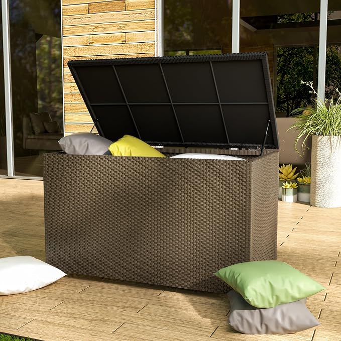 Outdoor Storage Box with Wheels 150 Gallon, Mobile Waterproof Aluminum Deck Box, UV Resistant Patio Storage Box with Lid for Patio Furniture, Garden Tools (Light)
