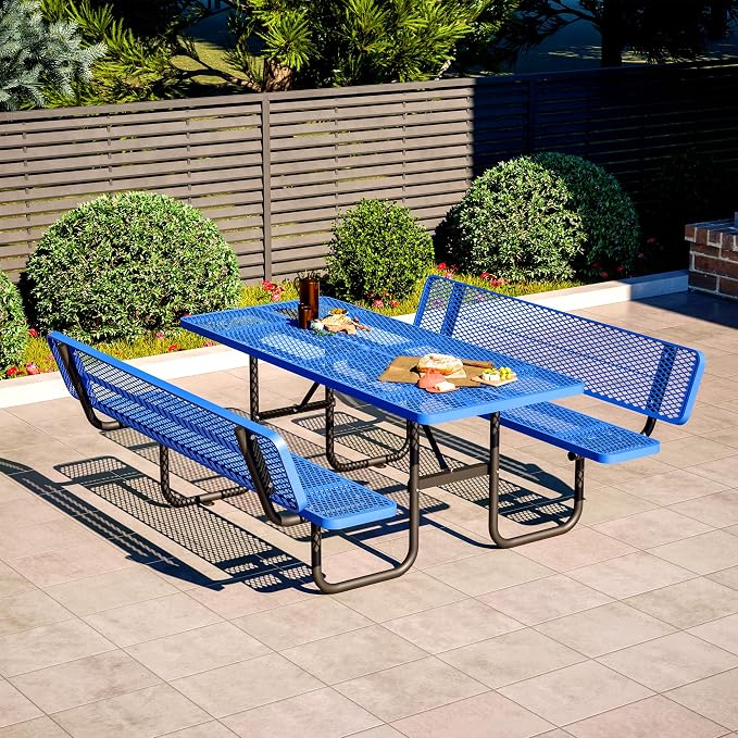 Outdoor Picnic Table with Umbrella Hole-Coated Steel Heavy Duty Commercial Grade Dining Table with Back Seat,Commercial Metal Picnic Table, Heavy Duty Rectangular Furniture Set for Life