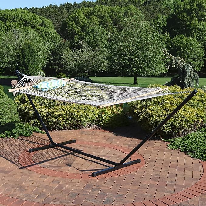 Sunnydaze Rope Hammock with Stand for Outside- 275-Pound Capacity - Includes 12-Foot Hammock Stand, Spreader Bar, Pad, and Pillow - Blue and Green Chevron