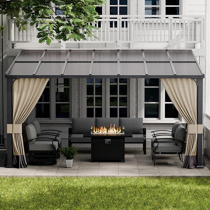 ALAULM 10'x 14' Outdoor Hardtop Pergola,Wall Mounted Lean to Gazebo with Curtains and Netting,Galvanized Metal Frame,Sunshade for Patio, Backyard, Deck and Lawns-Sand