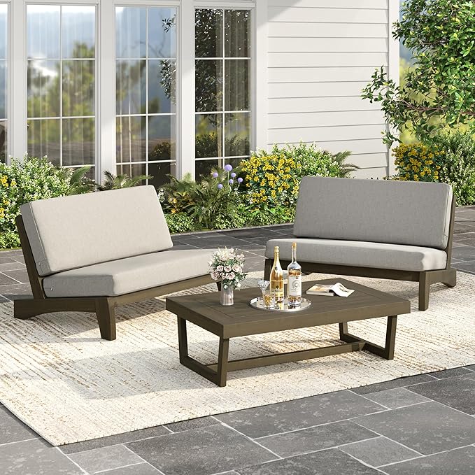 UIXE Wood Patio Furniture Sets, 3 Pieces All Weather Patio Loveseat Sofa Outdoor Sectional Futniture Backyard Conversation Set with Solid Wooden Coffee Table - Light Camel