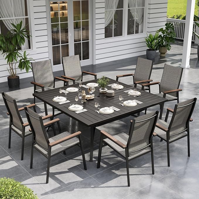Sophia & William Patio Dining Set for 8 w/Square Table & Aluminum Chairs | Metal table, Grey Stackable Chairs, Breathable & quick-drying, Light-weight & space-saving, Umbrella Hole, Outdoor