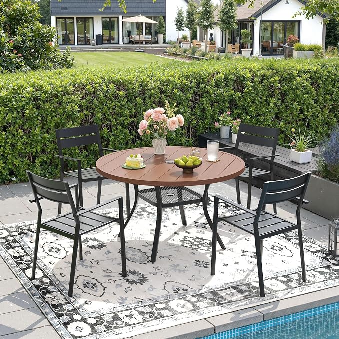 DIFY 5 Piece Outdoor Patio Dining Set for 4, Patio Table and Chairs Set with Umbrella Hole, 40.6" Round Dining Table and Stackable Metal Chairs for Backyard Garden Poolside, Walnut & Black