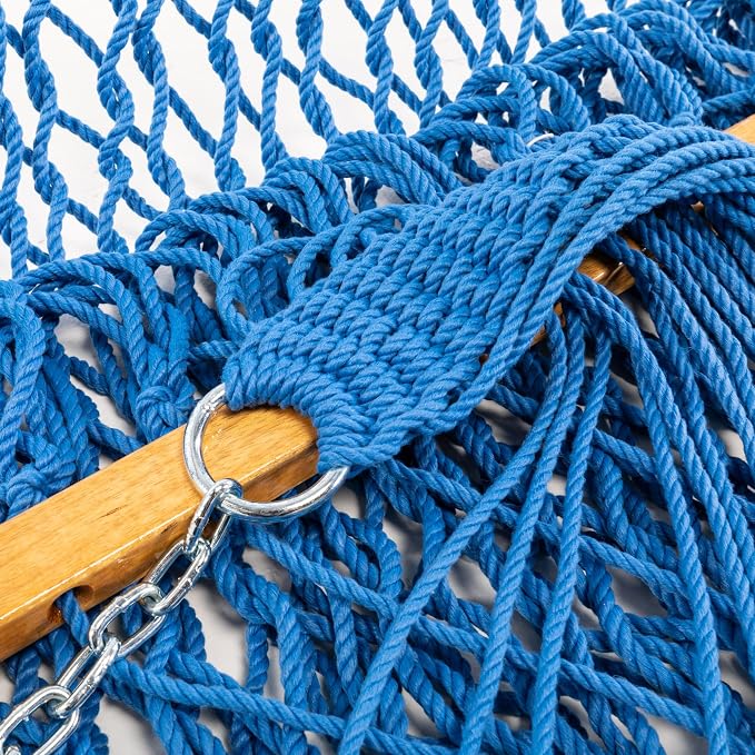 Original Pawleys Island Deluxe Coastal Blue DuraCord Rope Hammock – 13 ft. x 60 in., 2-Person, 450 lb Capacity, Oak Spreader Bar, Zinc-Plated Hardware, Handcrafted in the USA