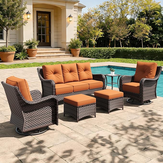 6 Pieces Outdoor Furniture Set with 6-inch Cushions, High Back Wicker Swivel Rocker Chairs with Coffee Table, Luxury Conversation Set for Deck Patio and Poolside