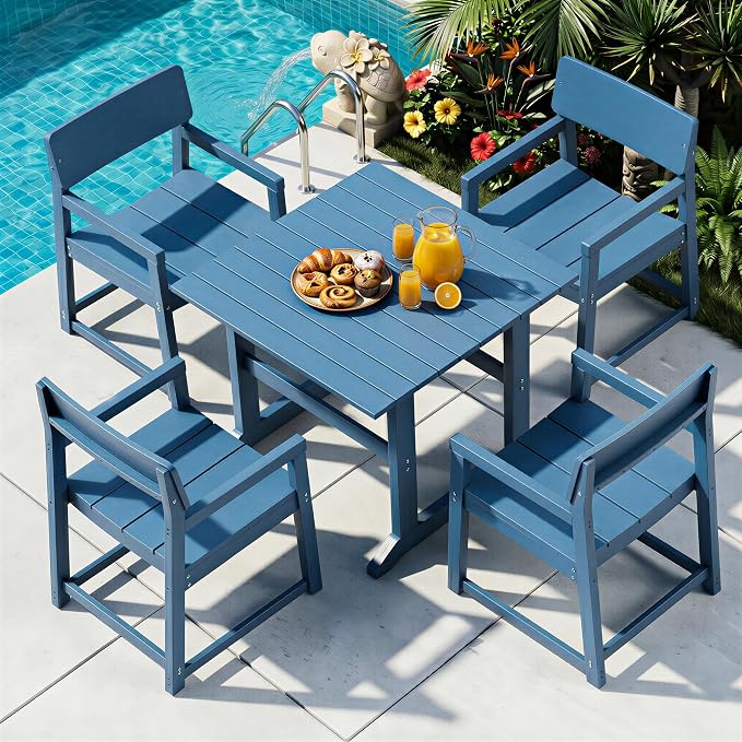 Shintenchi 5 Pieces Outdoor Dining Set,HDPE Outdoor Table and Chairs Set for 4,All Weather Patio Furniture Sets,Modern Wooden Textured Dining Sets for Backyard,Garden,Blue