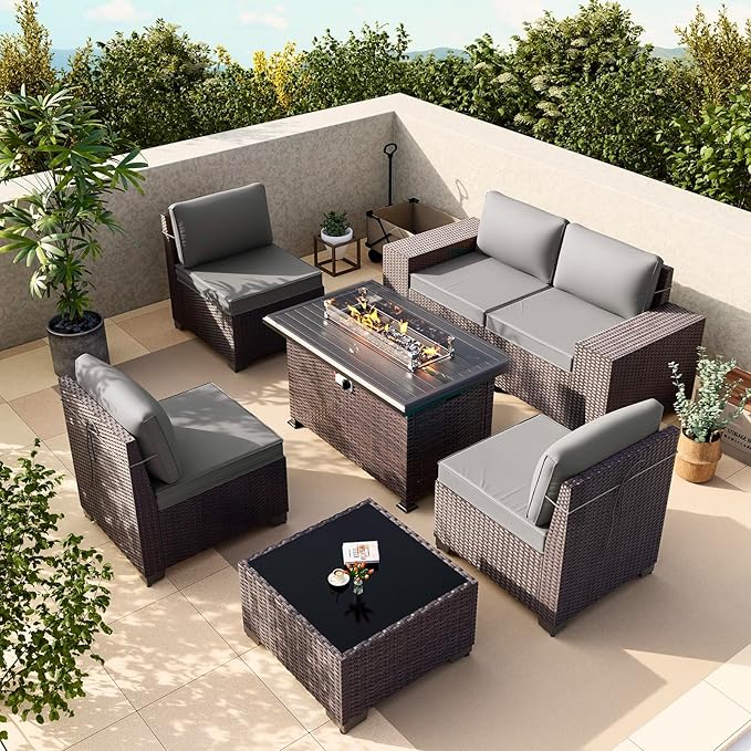 Gotland 7 Pieces Patio Furniture Set with 55000BTU Fire Pit Table, Wicker Patio Set with Wide Armrests 29.5'' High Backrest Thick Cushions 1 Coffee Table, Outdoor Furniture for Porch Deck Gray