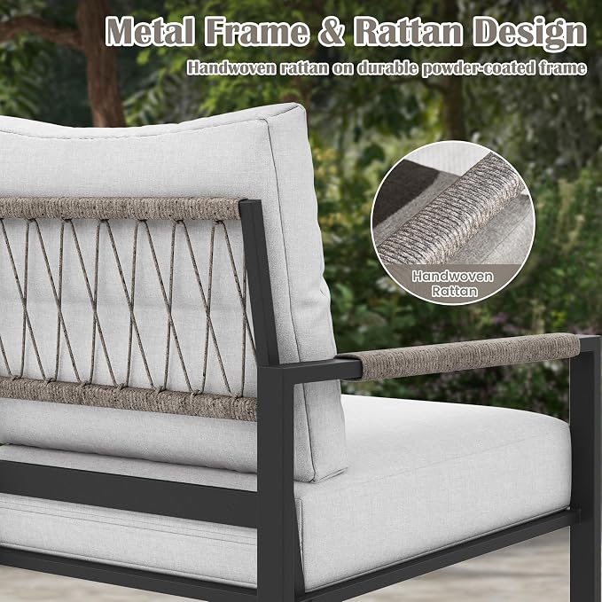 2-Piece Wicker Patio Conversation Set, Outdoor Loveseat with Side Table and Soft Cushions, Patio Furniture for Backyard, Balcony and Deck, Warm Grey