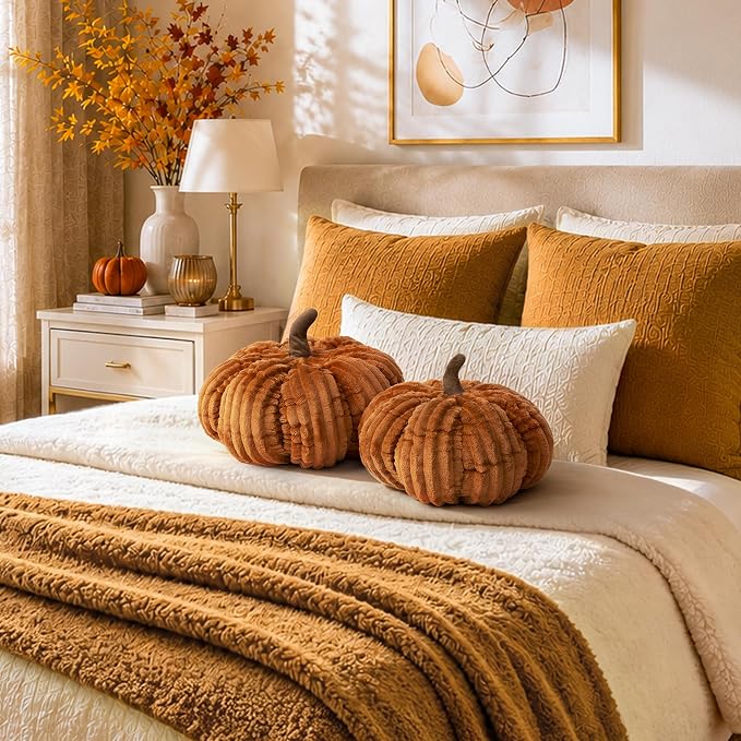 AELS Pumpkin Throw Pillows Set of 2, 14" & 10" Cinnamon Fall Pillows | for Couch Sofa Bed Living Room Home Decor, Farmhouse 3D Fall Halloween Thanksgiving Decorative Accent Pillows