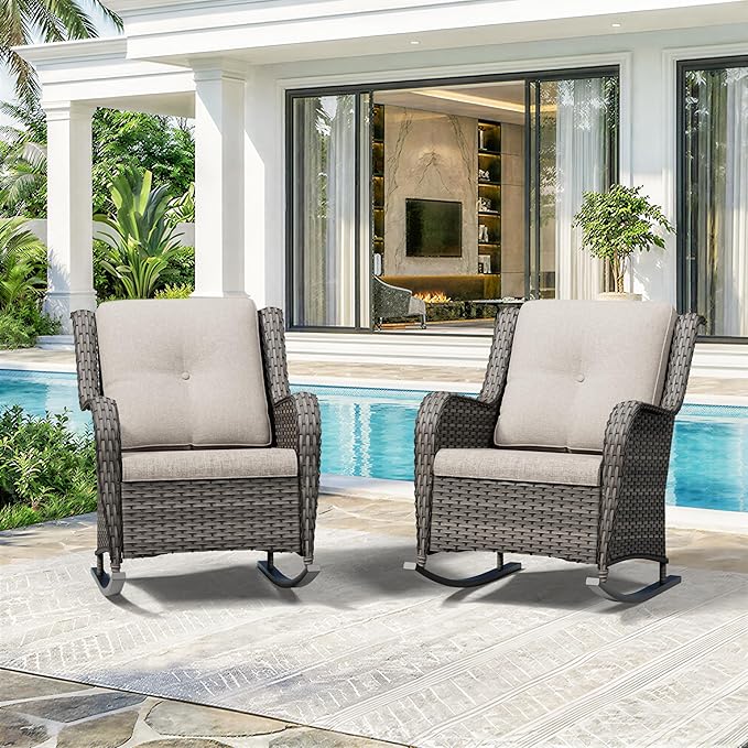 Patio Rocking Chairs Set of 2, Outdoor Wicker Patio Furniture Set 2 Pieces with Thickened Olefin Cushions, High Back and Deep Seating, Hand-Woven PE Rattan for Porch, Deck, Beige