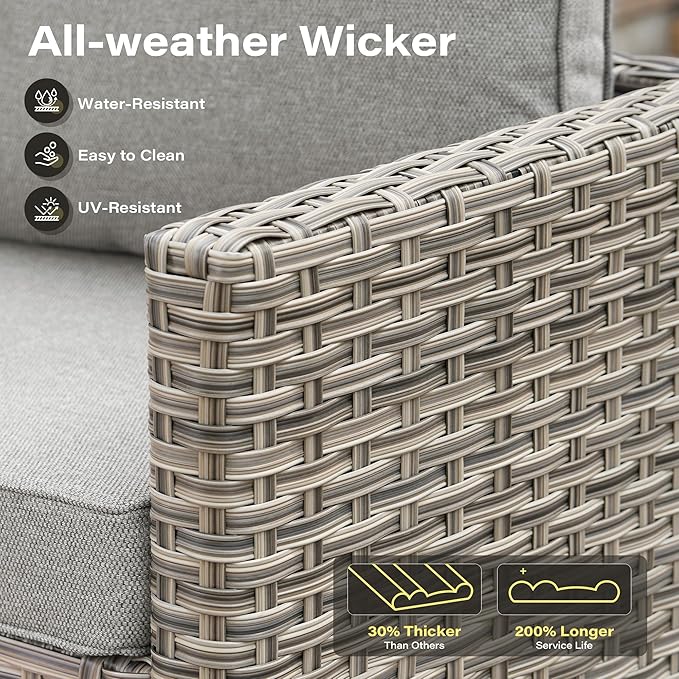 9 Pieces Outdoor Sectional Patio Furniture Set with 42" Fire Pit,Conversation Sets Rattan Wicker L Shaped Couch Swivel Rocking Chairs,Modular Outdoor Sofa for Porch Balcony Backyard Dark Grey