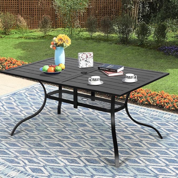 Betterland Patio Rectangular Dining Table 60" x 37" Outdoor Metal Steel Frame & Slat Tabletop with 1.57" Umbrella Hole for 6-8 Person, Classic Black