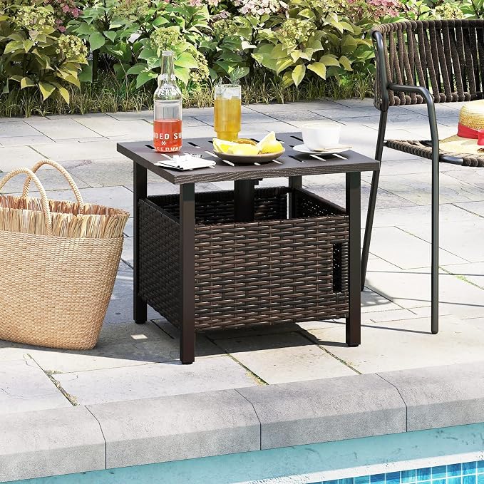 Outdoor Side Table with Umbrella Hole, Umbrella Table with Zinc-Iron Alloy Tabletop, 2 Sand Bags & Single-Door Cabinet, 22" Wicker End Table for Patio, Garden, Porch, Poolside(Mix Brown)