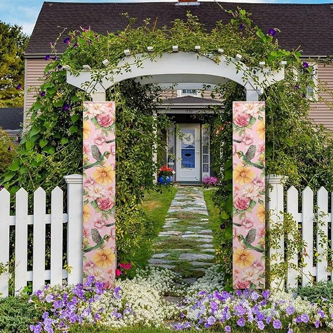 Hummingbird Flower Butterfly Front Door Hanging Banner Spring Porch Sign Hanging Flag Porch Sign for Front Door Outdoor Seasonal Holiday Wedding Yard Decor Farmhouse Indoor Wall Backdrop