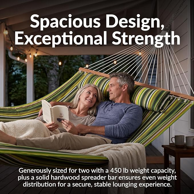 Sunnydaze Quilted Double Hammock for Outside with Spreader Bars and Pillow - 450 lb Capacity, 74x55 Inch Bed, UV Resistant, Quick Dry - Chains Included, Stand Sold Separately - Melon Stripe